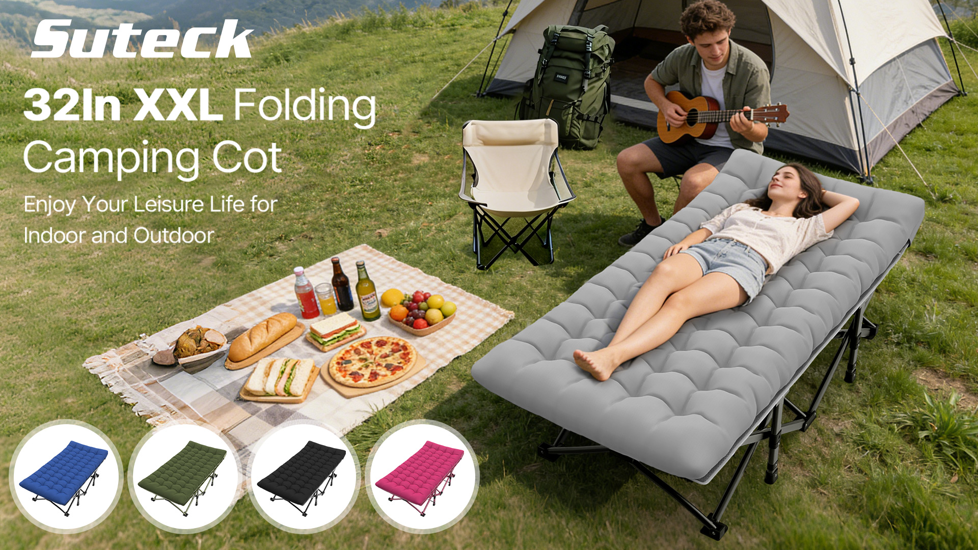 Amazon.com: Suteck 32In XXL Folding Camping Cot, 900LBS Heavy Duty